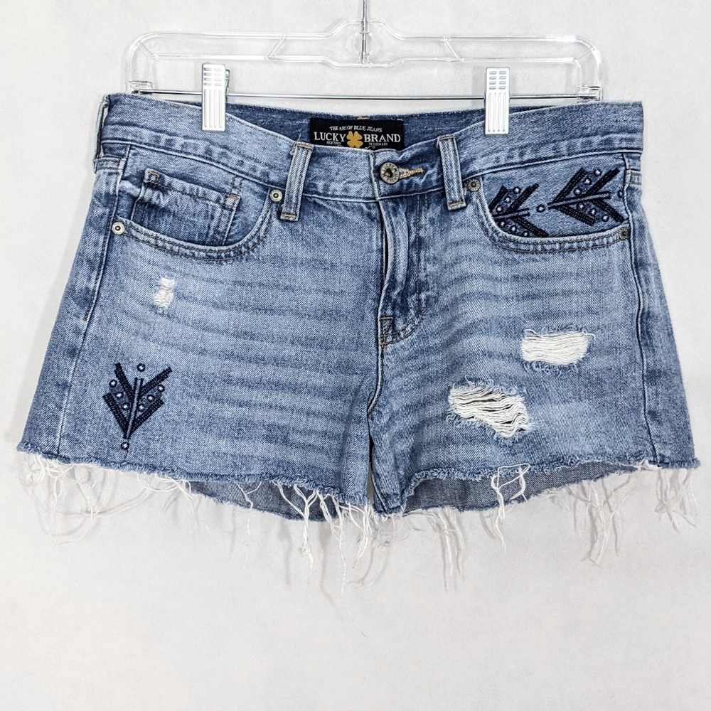 Cut Off Embroidered Denim Shorts